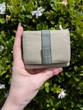 Loewe Small Pebbled Leather Tri Fold Wallet in Sage/Taupe